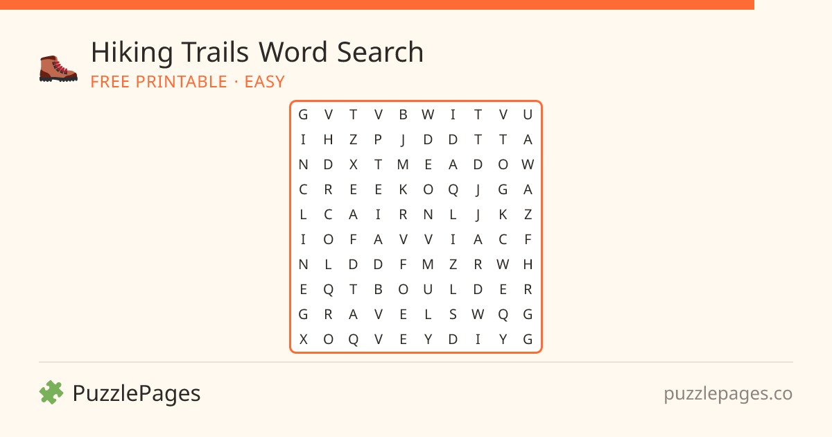 Hiking Trails Easy printable word search preview — free to print from PuzzlePages