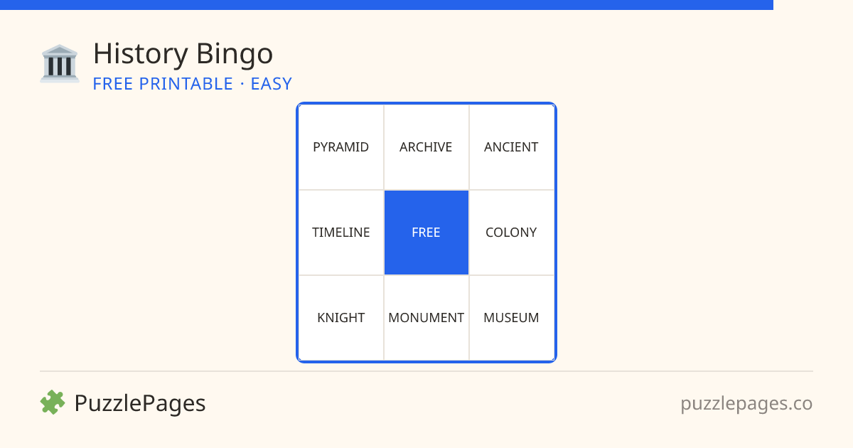 History Easy printable bingo preview — free to print from PuzzlePages