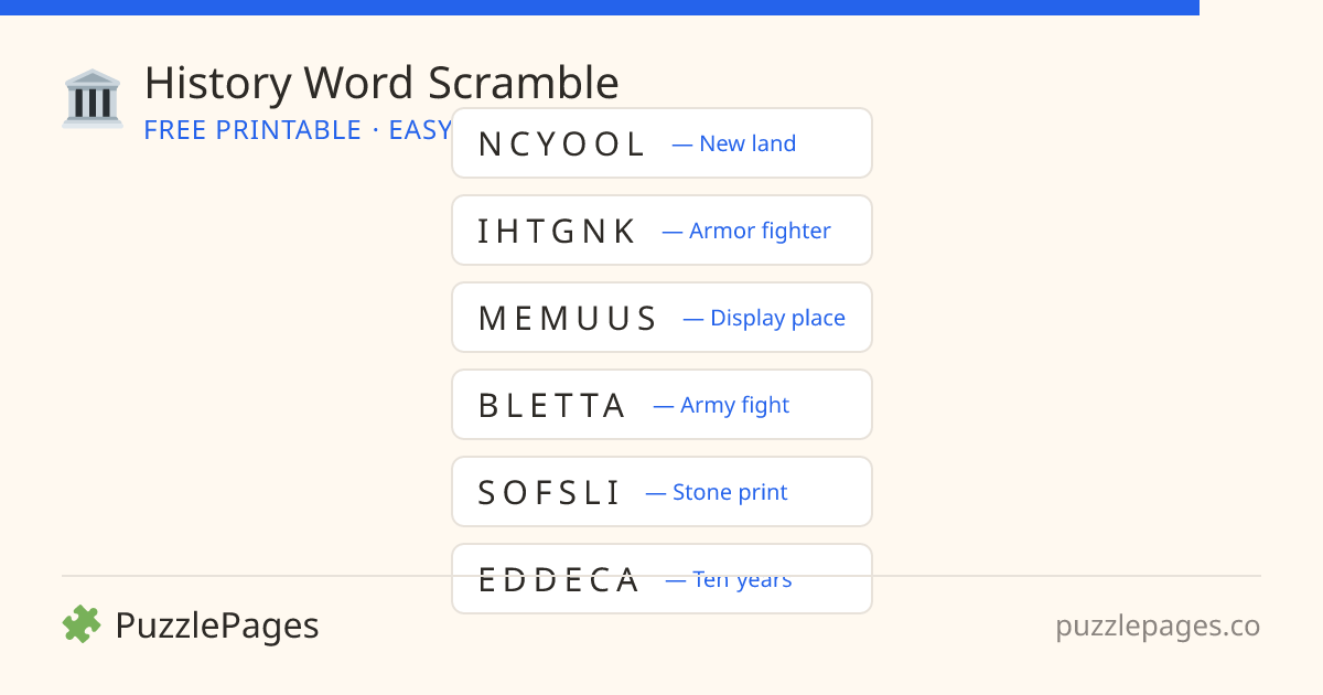 History Easy printable word scramble preview — free to print from PuzzlePages