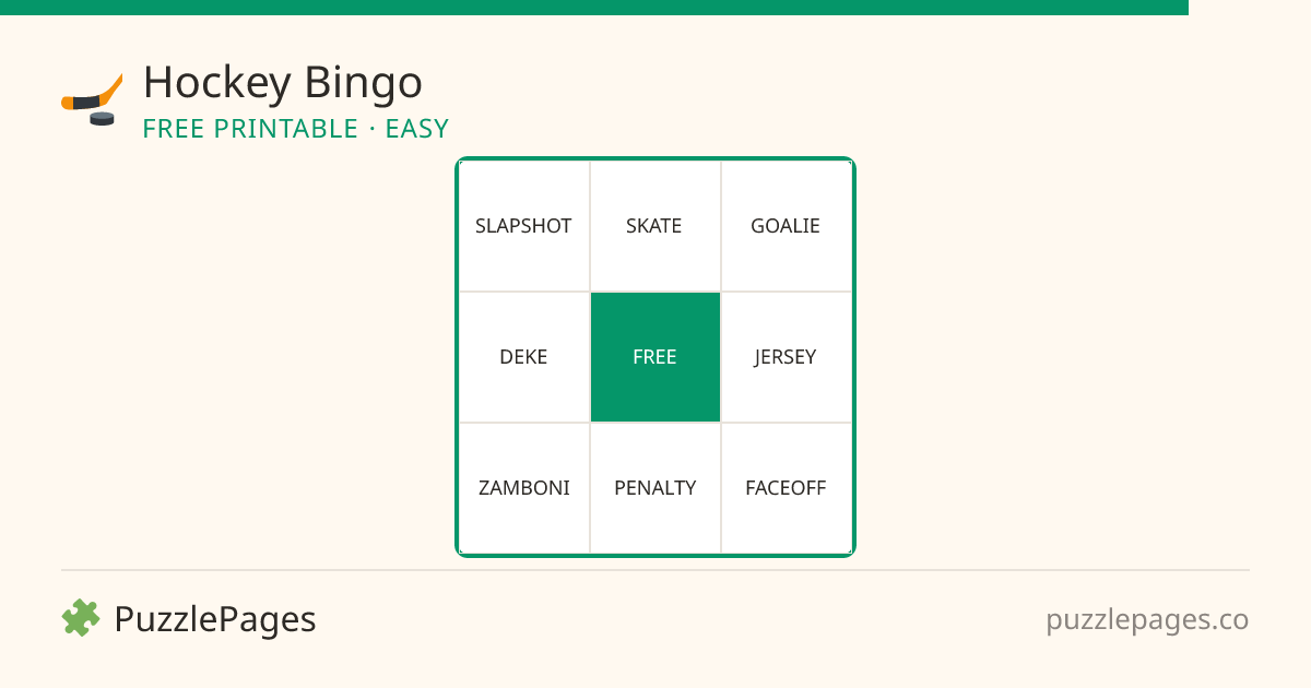 Hockey Easy printable bingo preview — free to print from PuzzlePages
