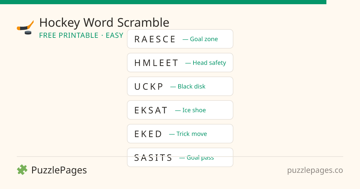 Hockey Easy printable word scramble preview — free to print from PuzzlePages