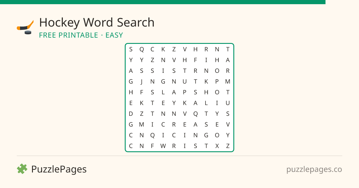 Hockey Easy printable word search preview — free to print from PuzzlePages