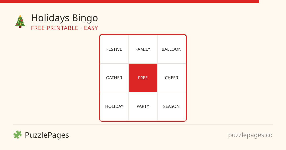 Holidays Easy printable bingo preview — free to print from PuzzlePages