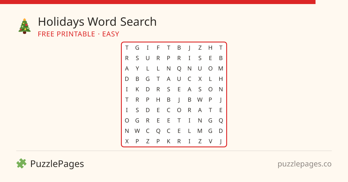 Holidays Easy printable word search preview — free to print from PuzzlePages