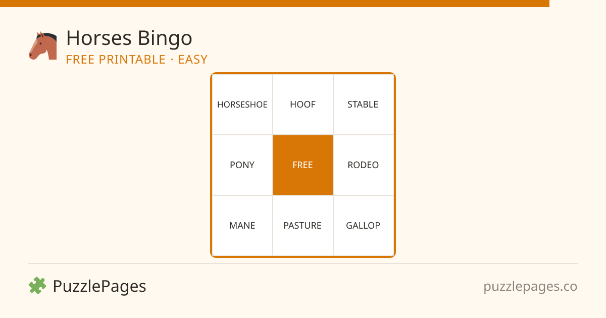 Horses Easy printable bingo preview — free to print from PuzzlePages