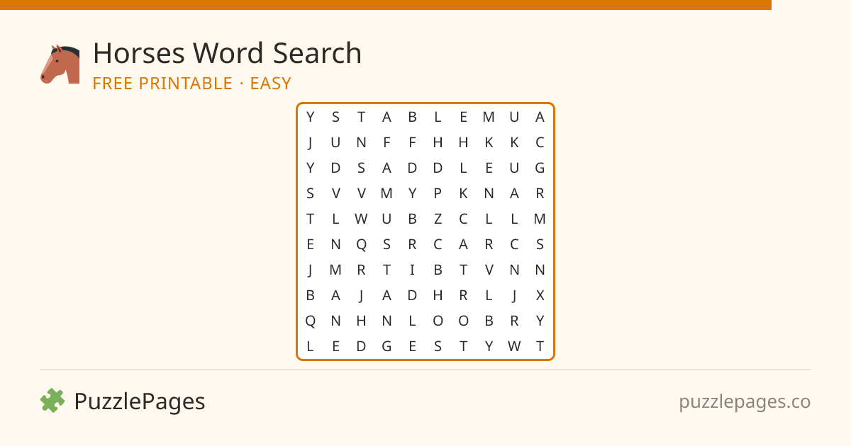 Horses Easy printable word search preview — free to print from PuzzlePages