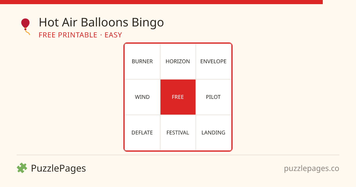 Hot Air Balloons Easy printable bingo preview — free to print from PuzzlePages