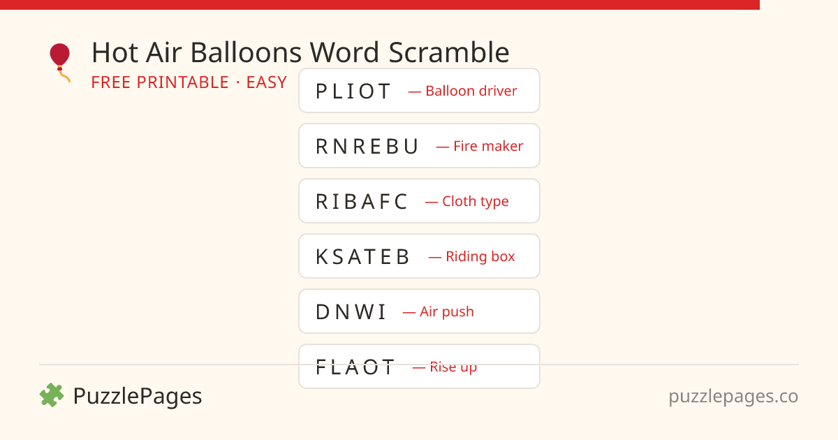 Hot Air Balloons Easy printable word scramble preview — free to print from PuzzlePages