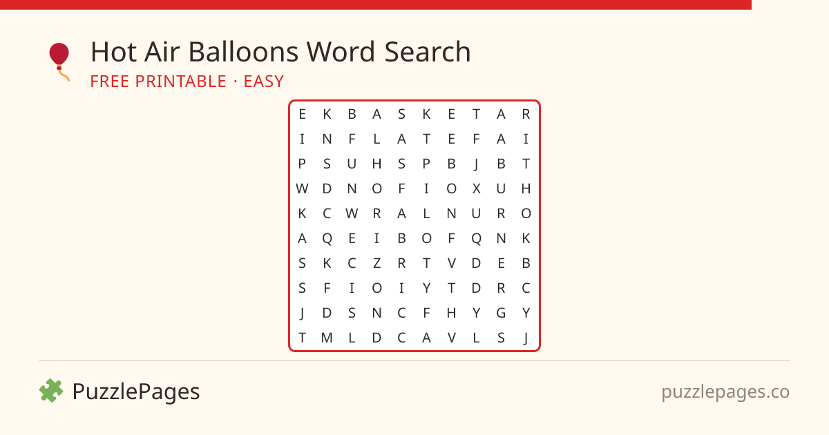 Hot Air Balloons Easy printable word search preview — free to print from PuzzlePages