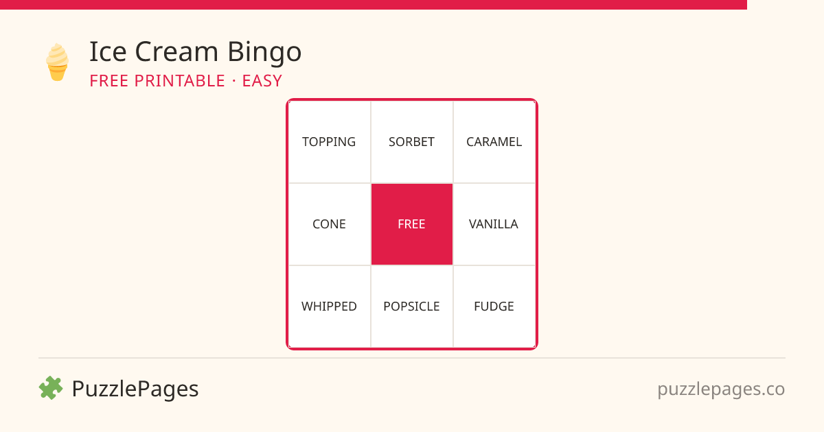 Ice Cream Easy printable bingo preview — free to print from PuzzlePages