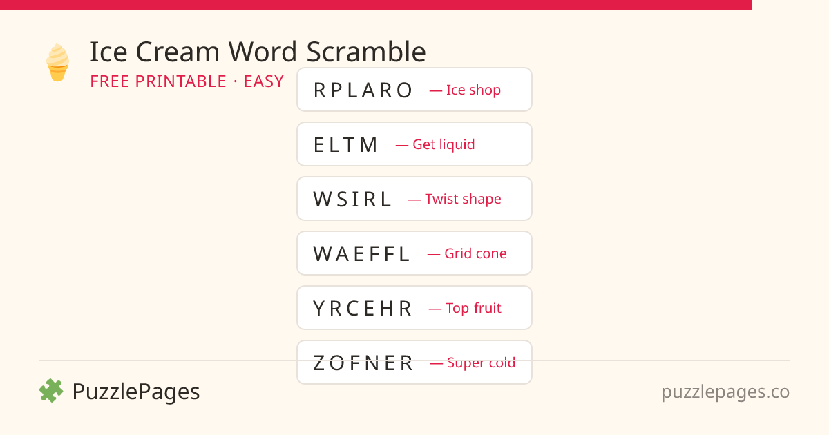 Ice Cream Easy printable word scramble preview — free to print from PuzzlePages