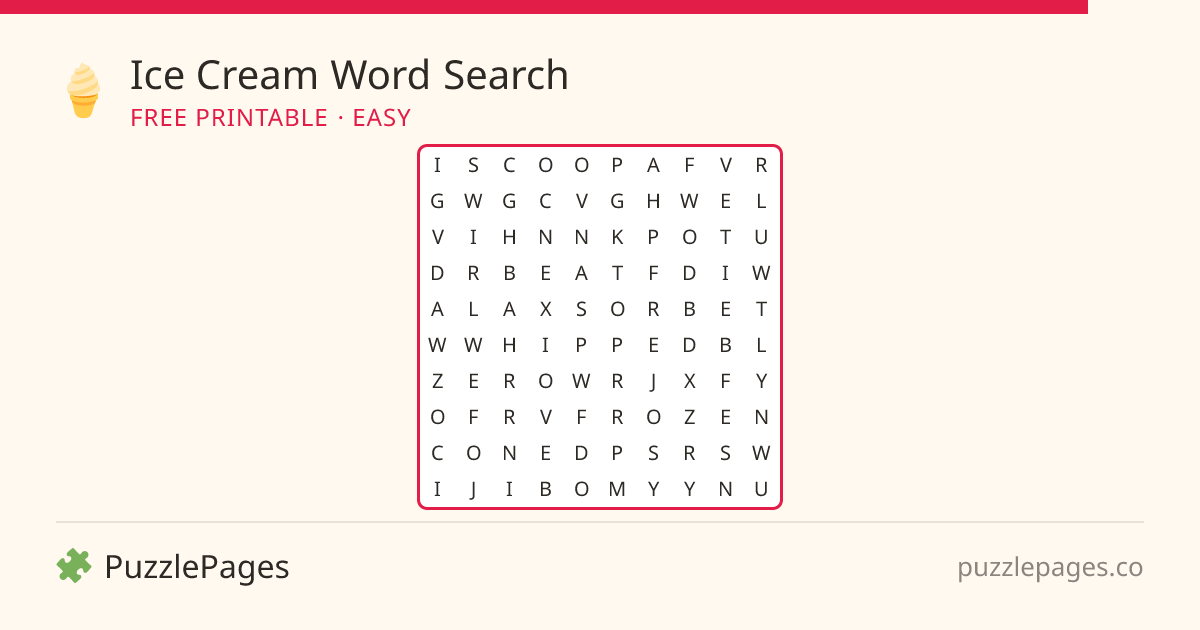 Ice Cream Easy printable word search preview — free to print from PuzzlePages