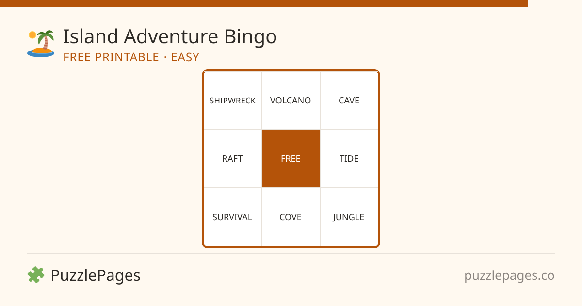 Island Adventure Easy printable bingo preview — free to print from PuzzlePages