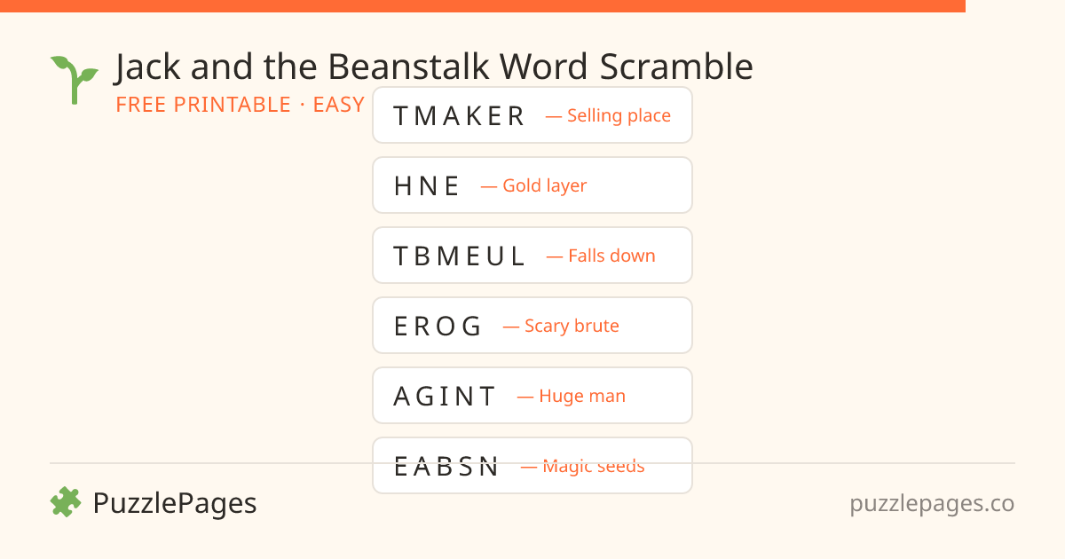 Jack and the Beanstalk Easy printable word scramble preview — free to print from PuzzlePages