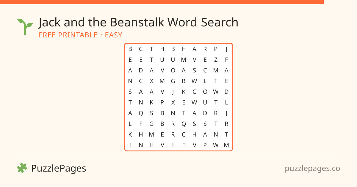 Jack and the Beanstalk Easy printable word search preview — free to print from PuzzlePages