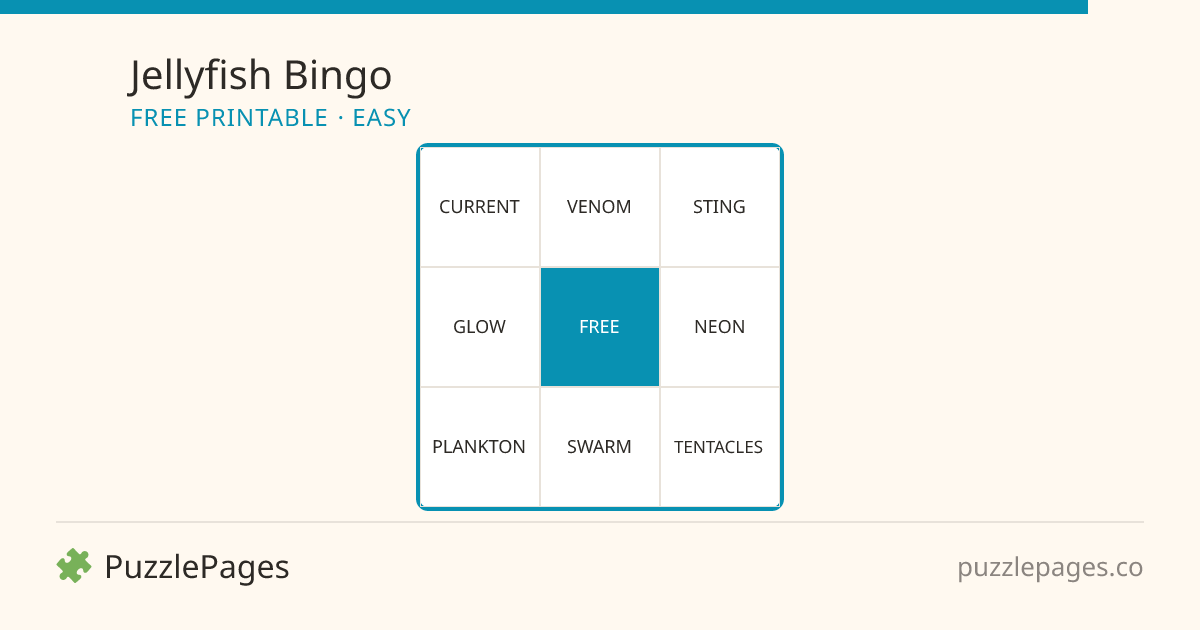 Jellyfish Easy printable bingo preview — free to print from PuzzlePages