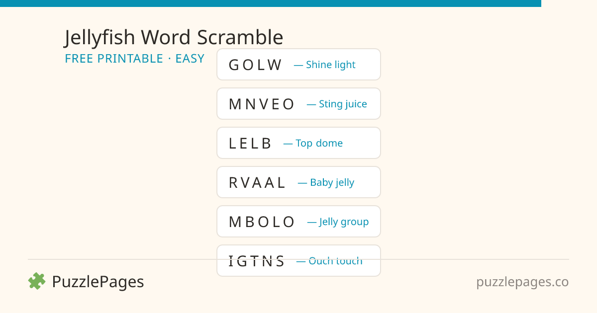 Jellyfish Easy printable word scramble preview — free to print from PuzzlePages
