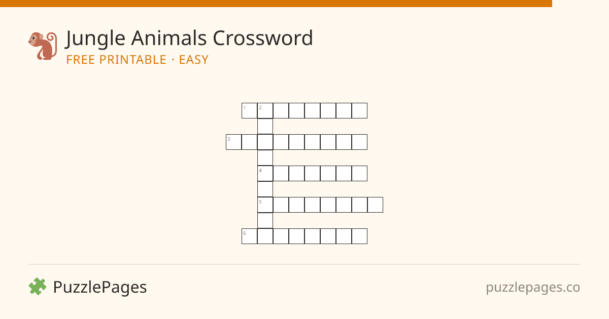 Jungle Animals Easy printable crossword preview — free to print from PuzzlePages