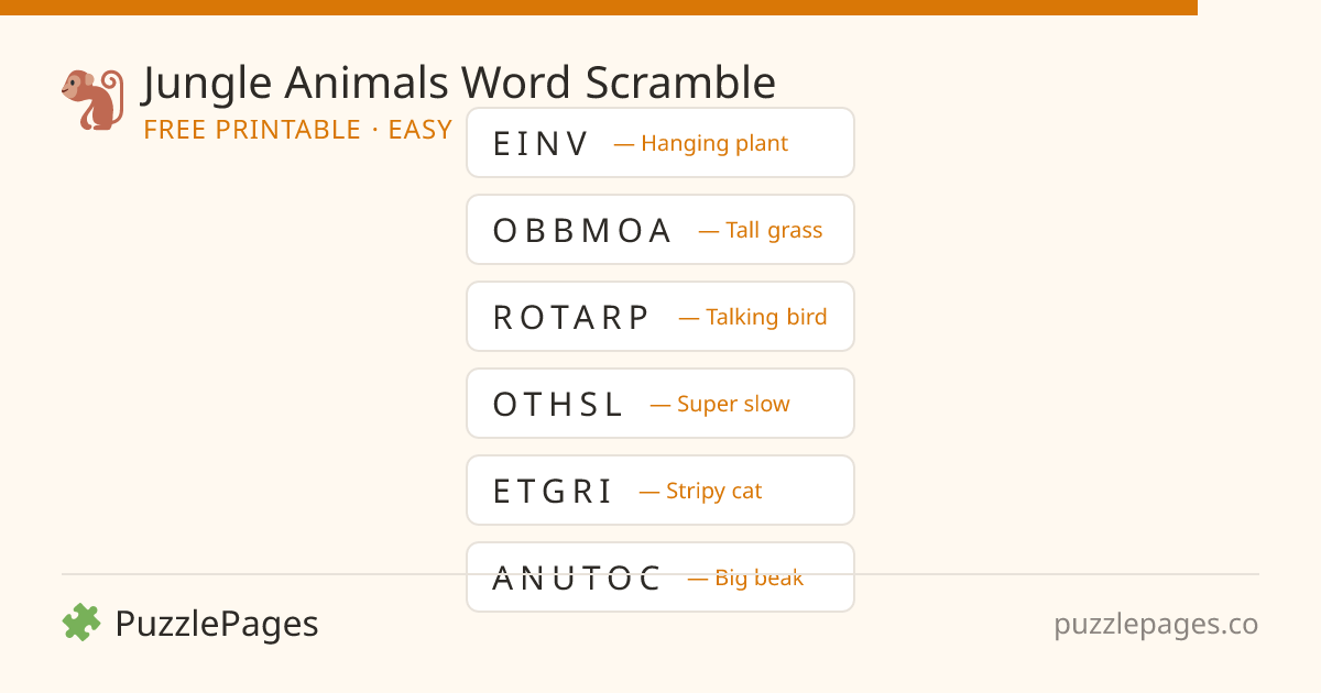 Jungle Animals Easy printable word scramble preview — free to print from PuzzlePages