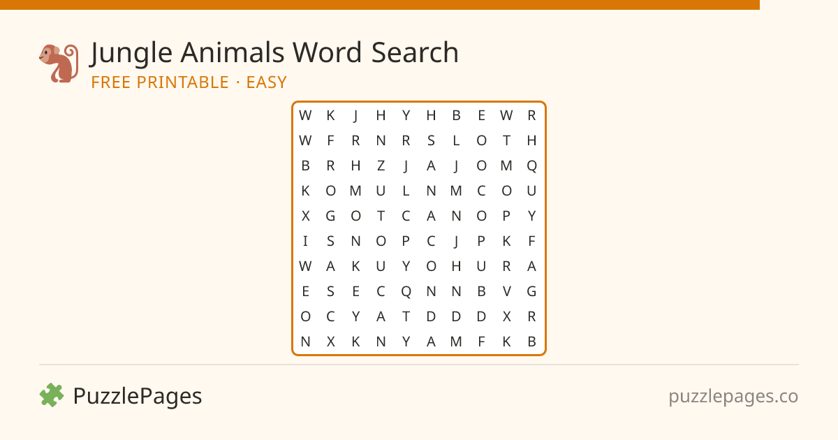 Jungle Animals Easy printable word search preview — free to print from PuzzlePages