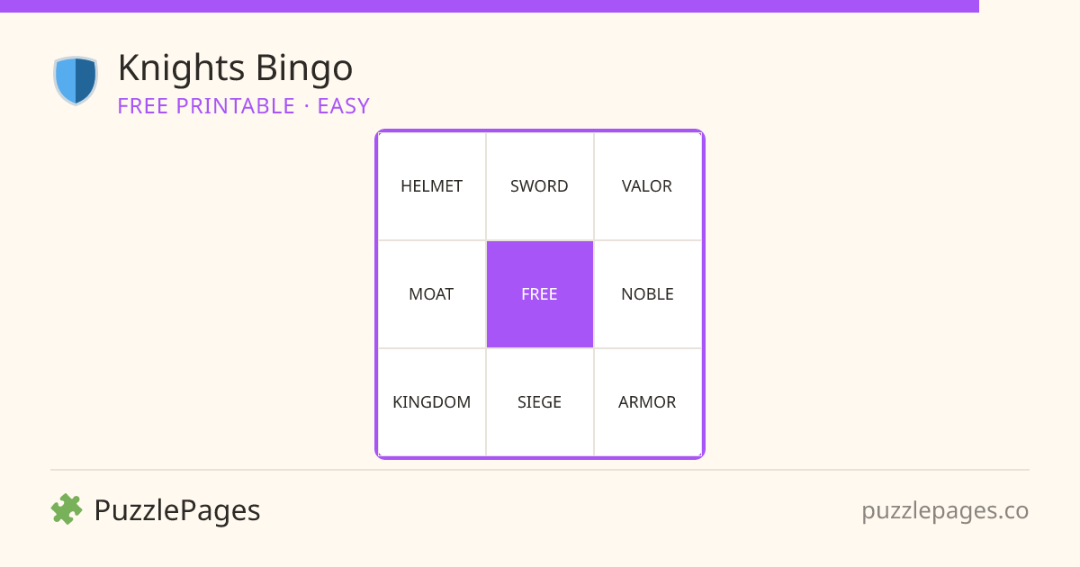 Knights Easy printable bingo preview — free to print from PuzzlePages