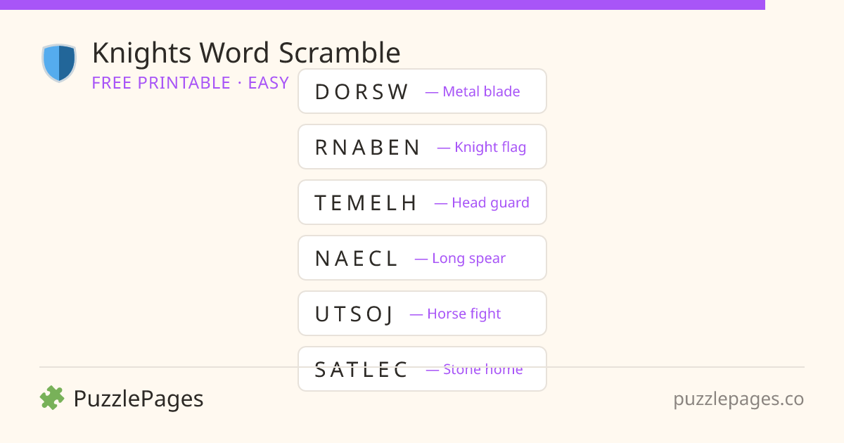 Knights Easy printable word scramble preview — free to print from PuzzlePages