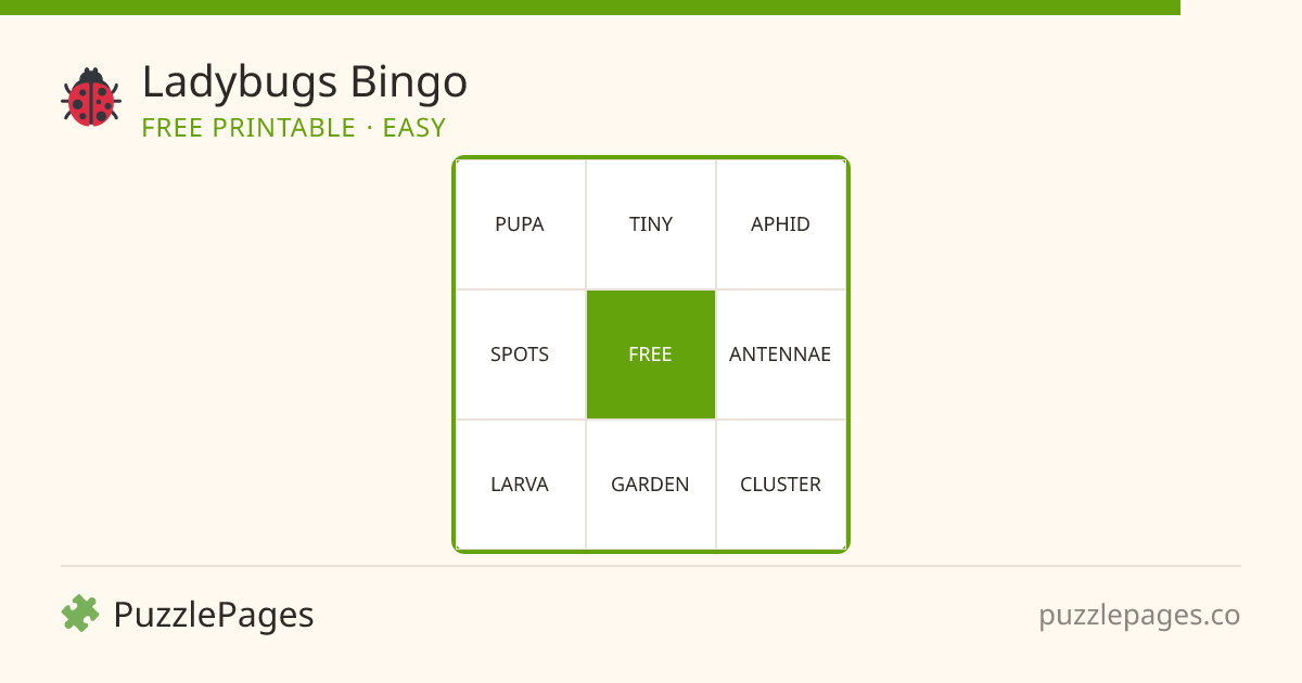 Ladybugs Easy printable bingo preview — free to print from PuzzlePages