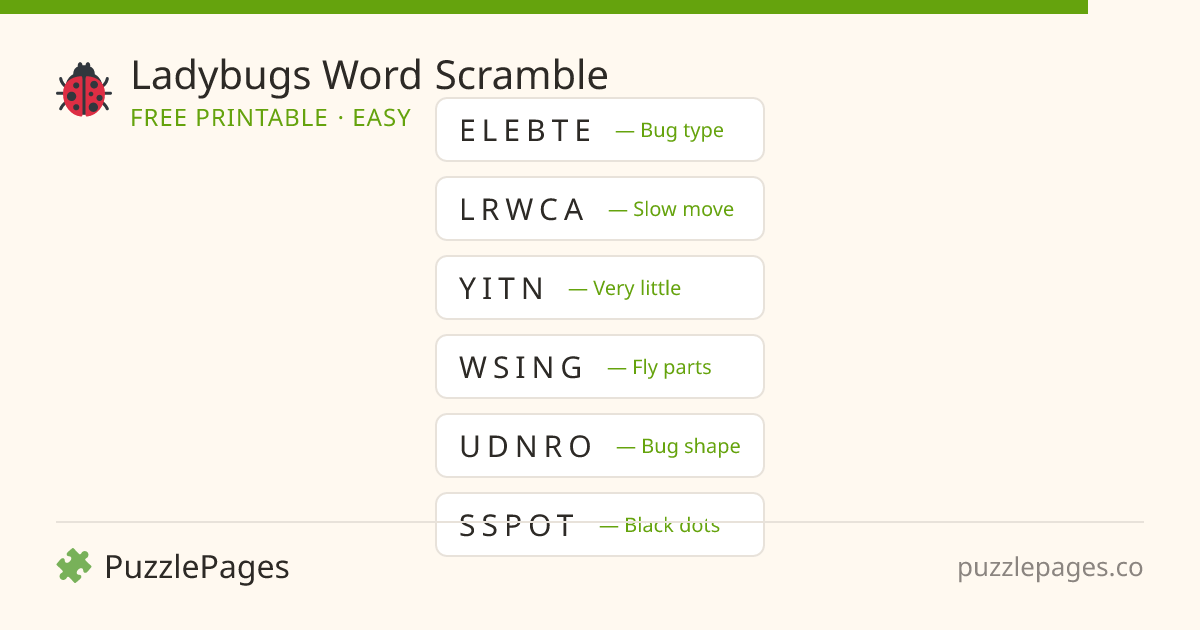 Ladybugs Easy printable word scramble preview — free to print from PuzzlePages