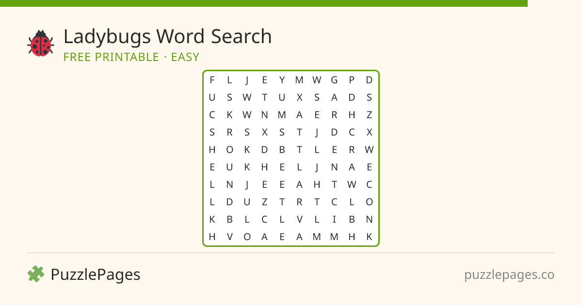 Ladybugs Easy printable word search preview — free to print from PuzzlePages