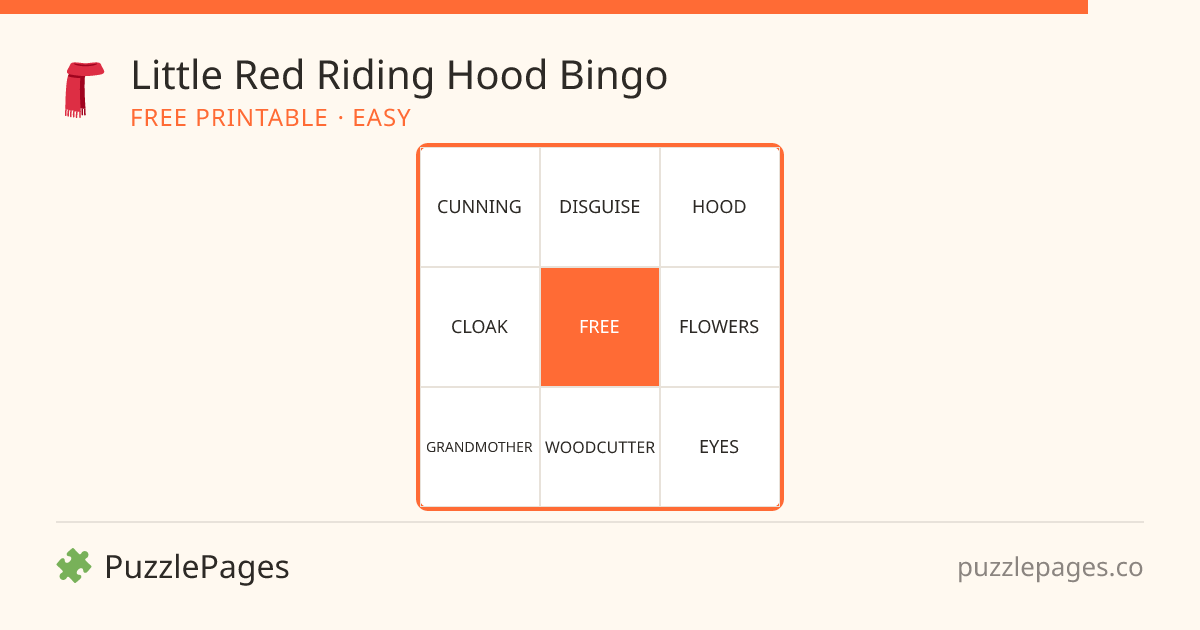 Little Red Riding Hood Easy printable bingo preview — free to print from PuzzlePages