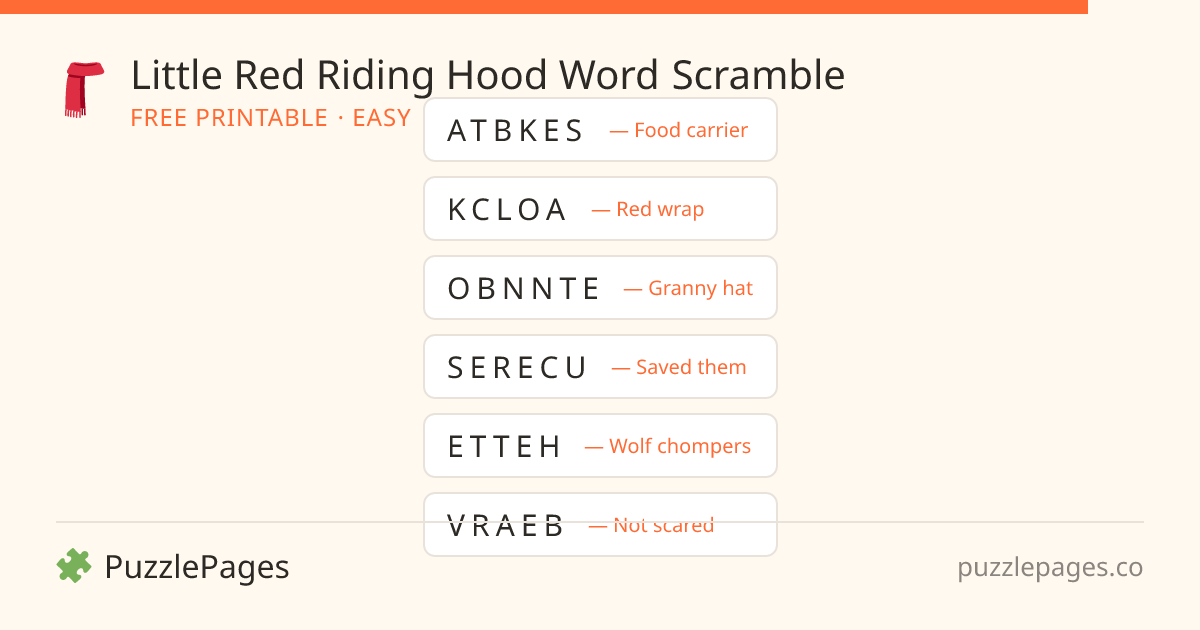 Little Red Riding Hood Easy printable word scramble preview — free to print from PuzzlePages