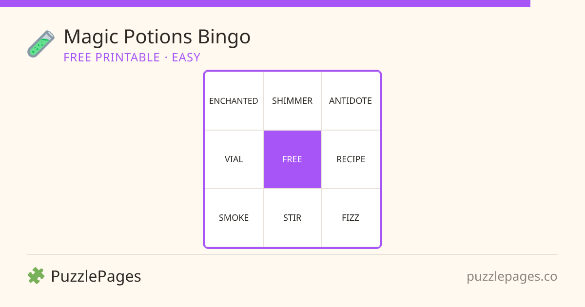 Magic Potions Easy printable bingo preview — free to print from PuzzlePages