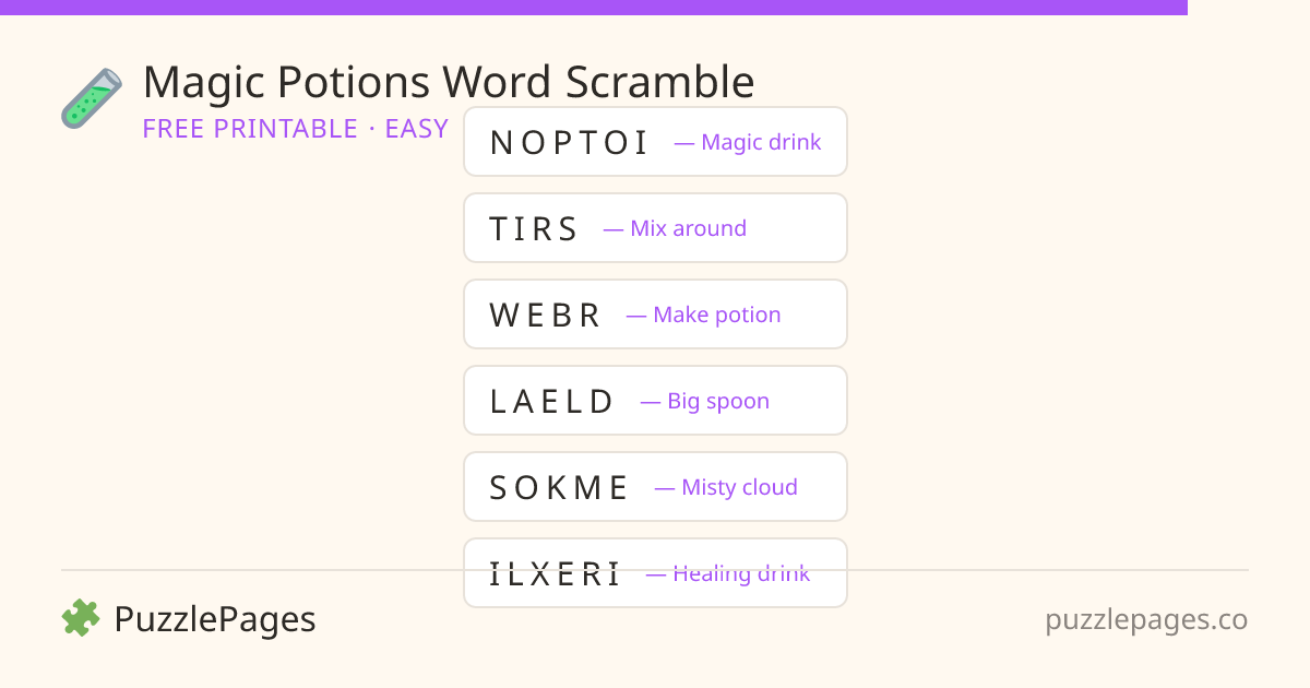 Magic Potions Easy printable word scramble preview — free to print from PuzzlePages
