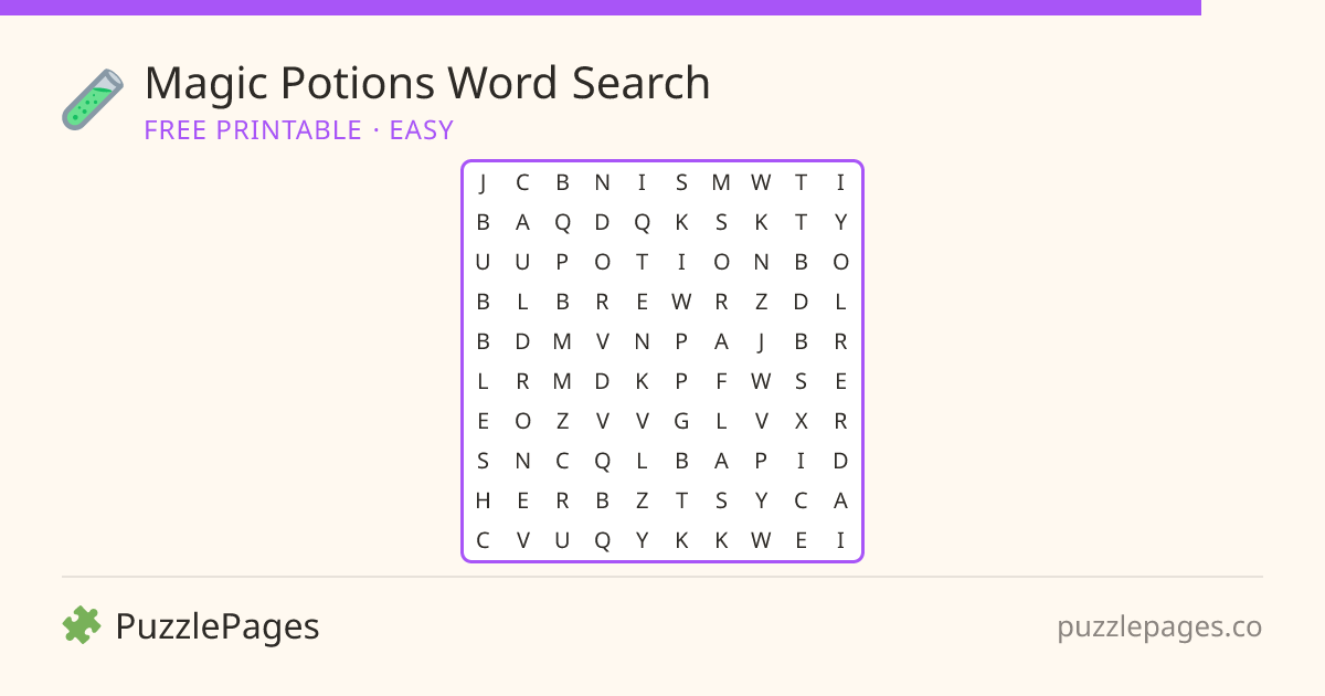 Magic Potions Easy printable word search preview — free to print from PuzzlePages
