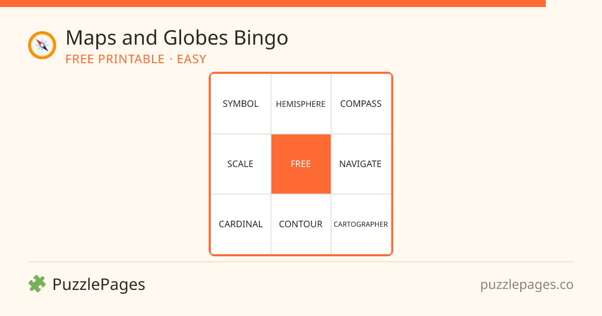 Maps and Globes Easy printable bingo preview — free to print from PuzzlePages