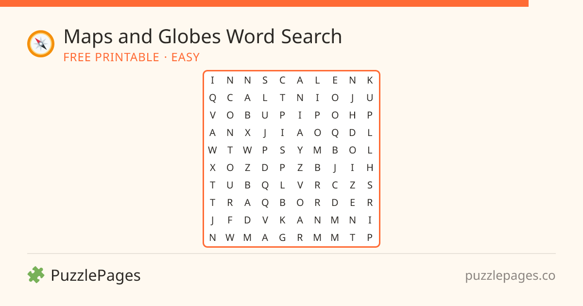 Maps and Globes Easy printable word search preview — free to print from PuzzlePages