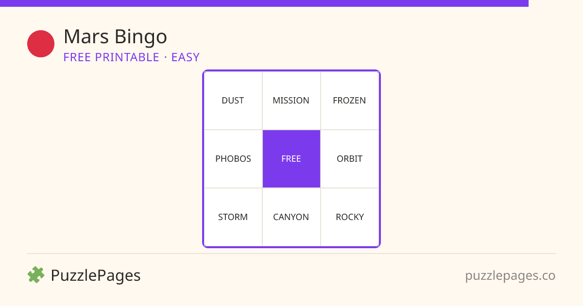 Mars Easy printable bingo preview — free to print from PuzzlePages