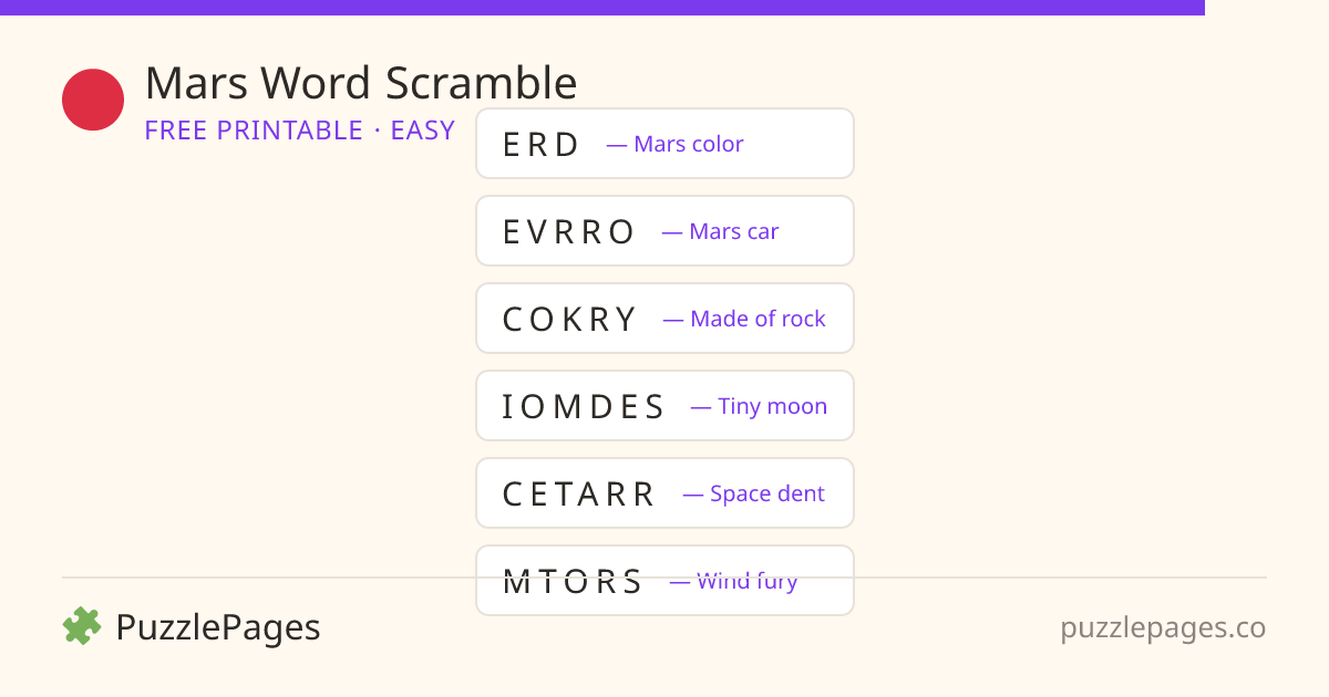 Mars Easy printable word scramble preview — free to print from PuzzlePages