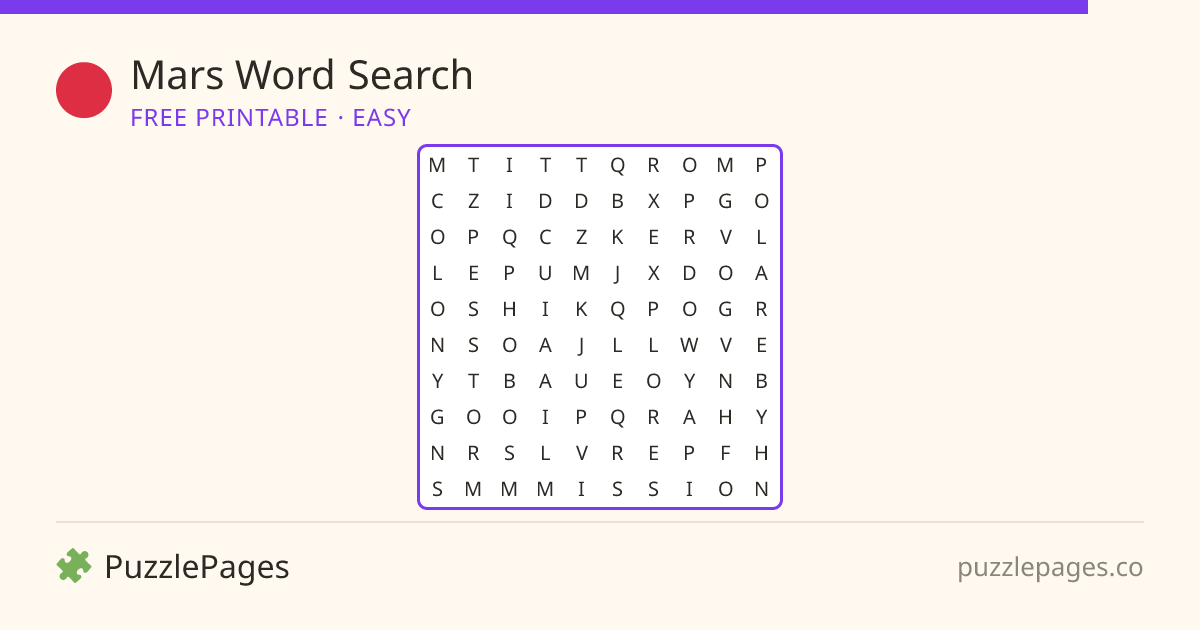 Mars Easy printable word search preview — free to print from PuzzlePages