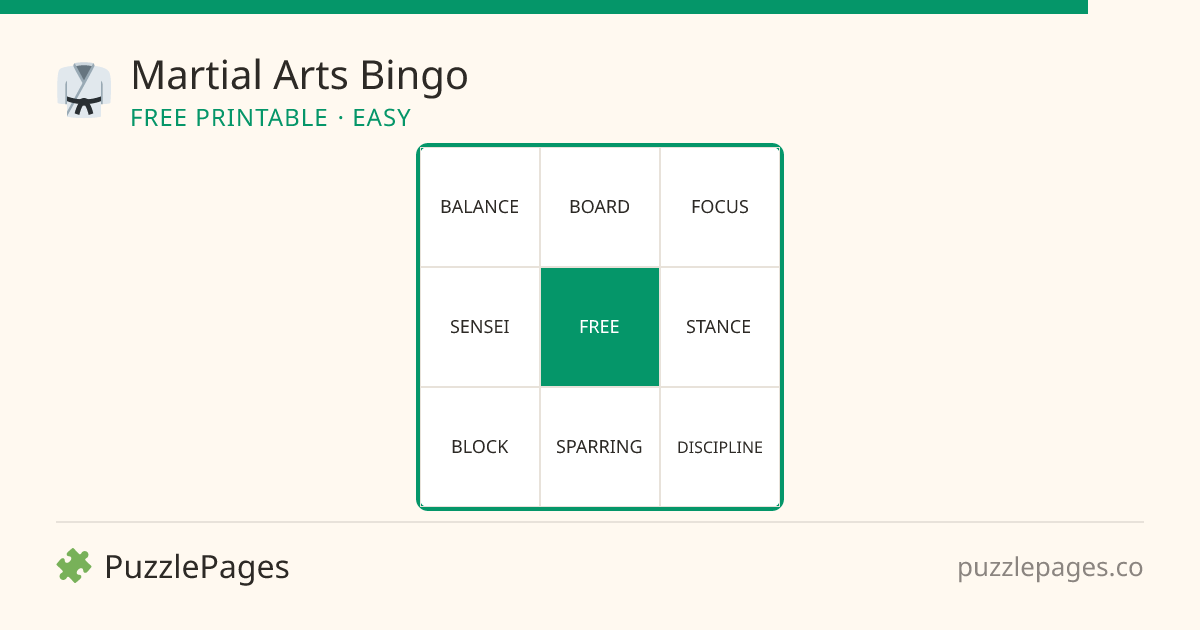 Martial Arts Easy printable bingo preview — free to print from PuzzlePages