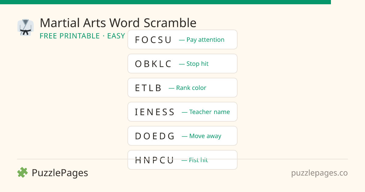 Martial Arts Easy printable word scramble preview — free to print from PuzzlePages
