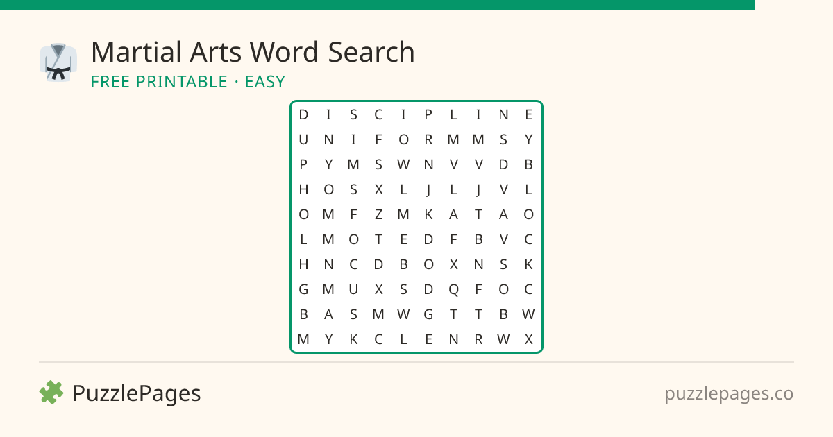 Martial Arts Easy printable word search preview — free to print from PuzzlePages