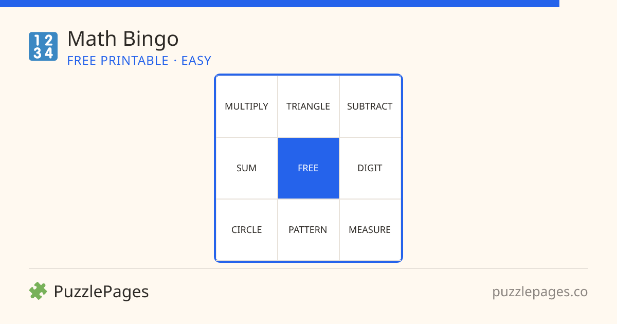 Math Easy printable bingo preview — free to print from PuzzlePages