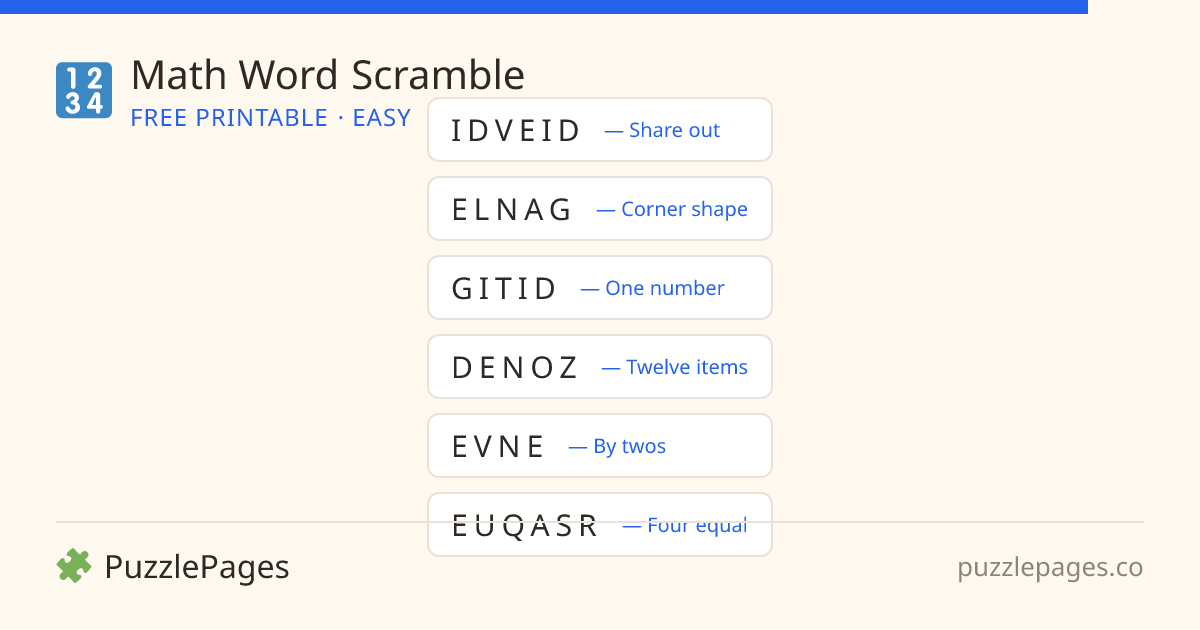 Math Easy printable word scramble preview — free to print from PuzzlePages
