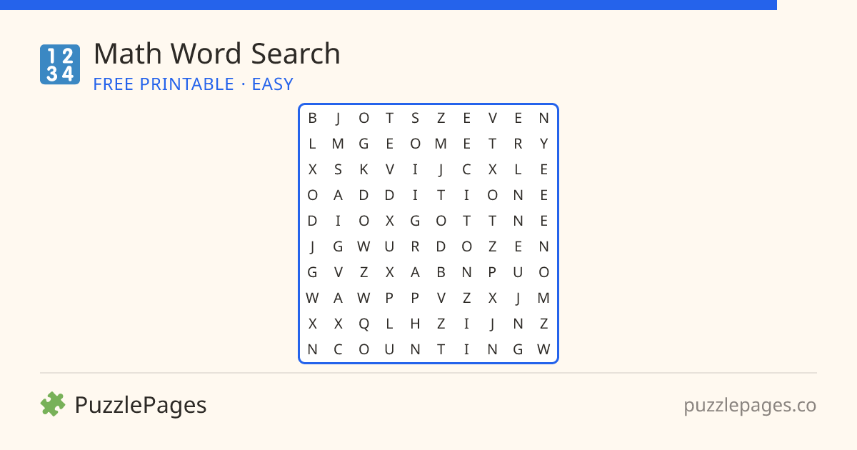 Math Easy printable word search preview — free to print from PuzzlePages