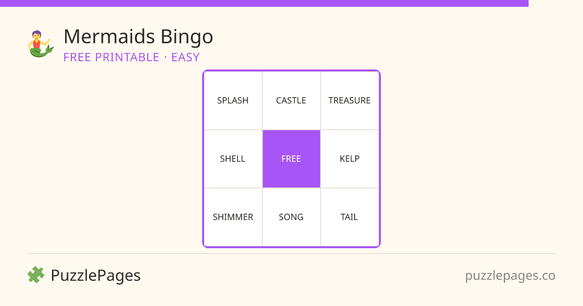 Mermaids Easy printable bingo preview — free to print from PuzzlePages
