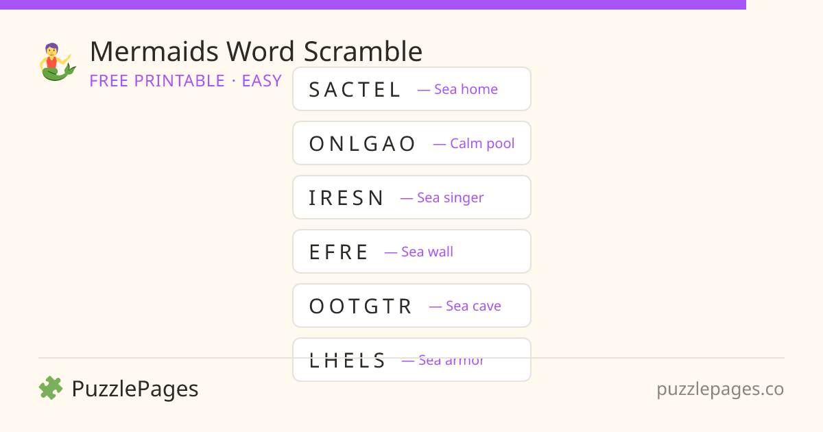 Mermaids Easy printable word scramble preview — free to print from PuzzlePages
