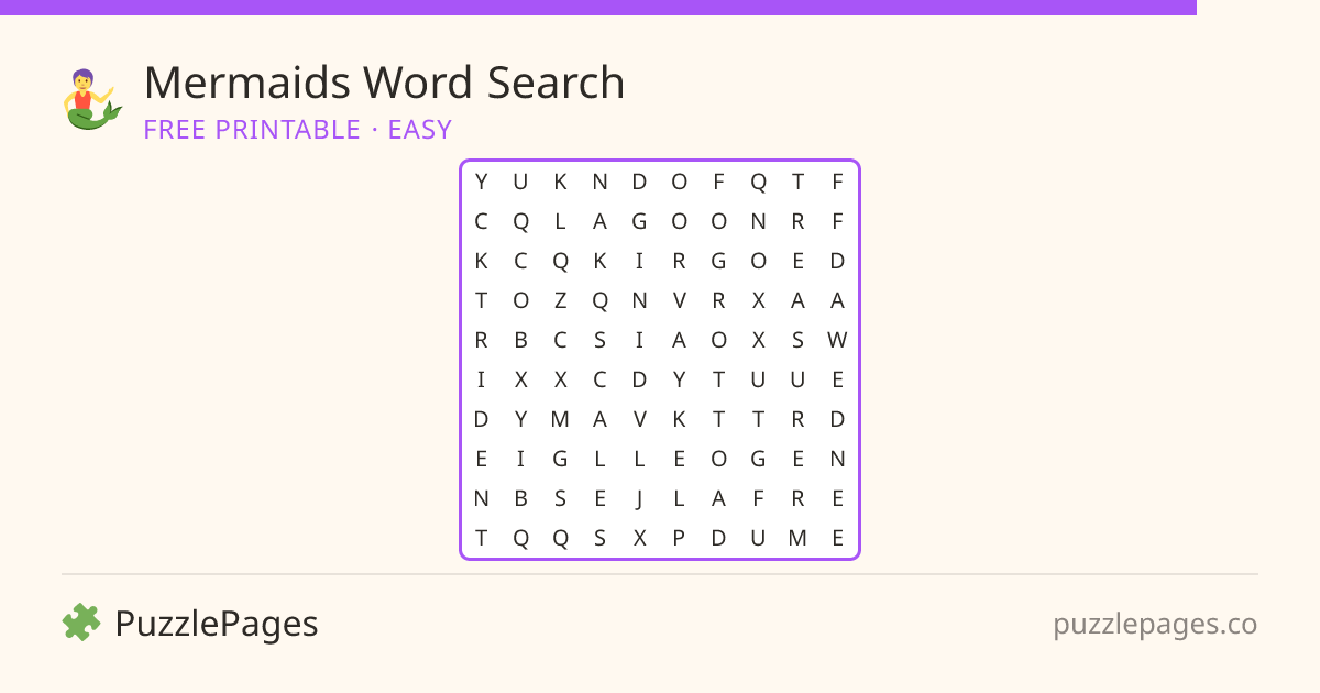 Mermaids Easy printable word search preview — free to print from PuzzlePages