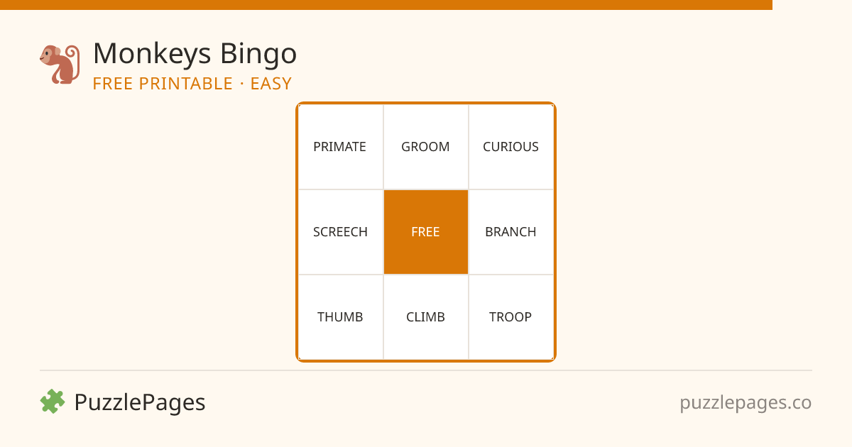Monkeys Easy printable bingo preview — free to print from PuzzlePages