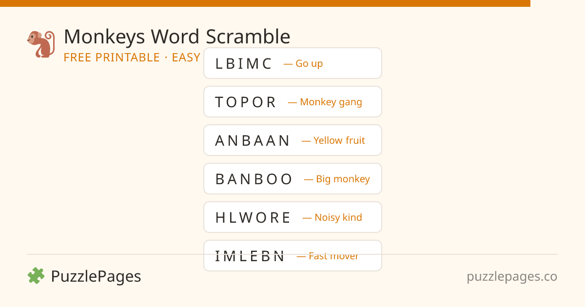 Monkeys Easy printable word scramble preview — free to print from PuzzlePages